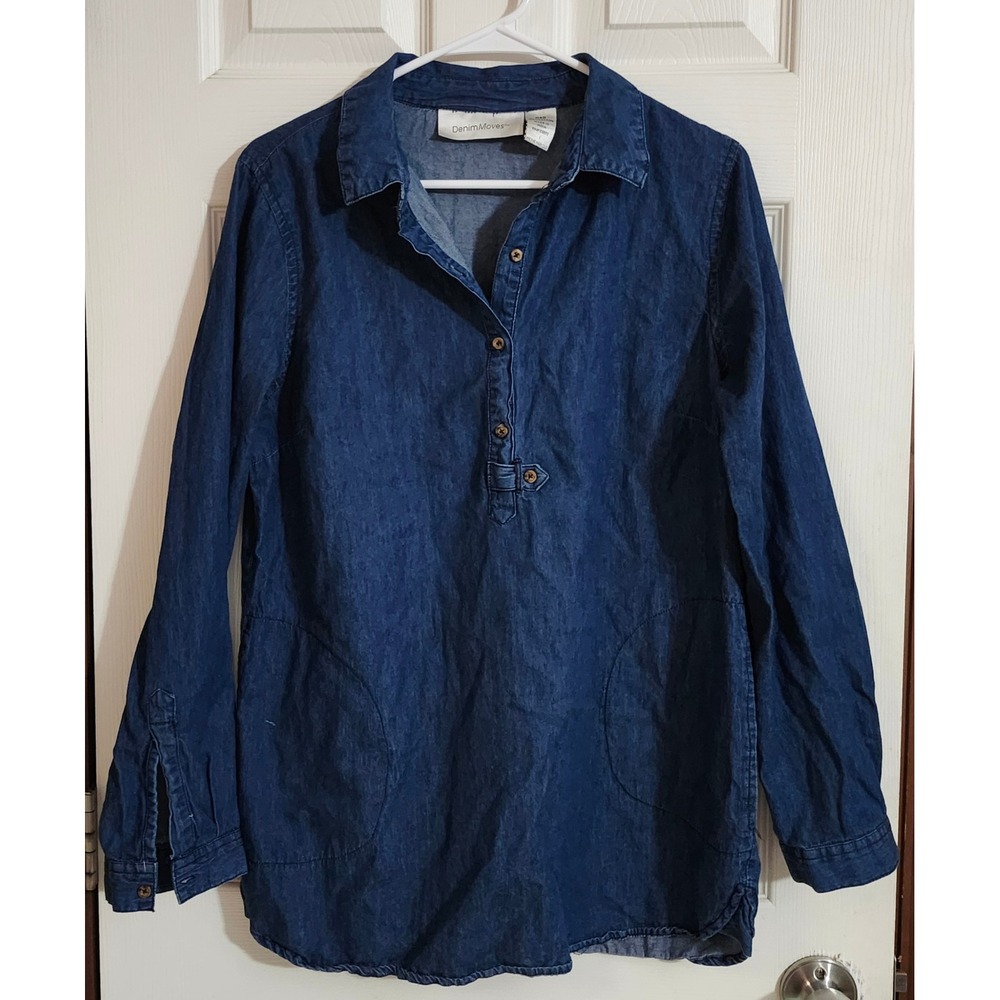 DenimMoves Womens Medium Blue Denim Tunic Top Long‎ Sleeve Cotton Popover Shirt